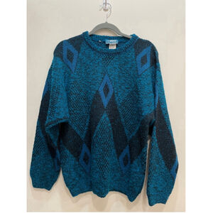 Vintage 90s Shetland Wool Blend Men L Sweater Geometric Abstract Grandpa Italy